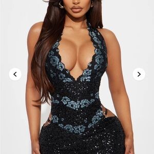 Black and Blue Floral Sequin Dress